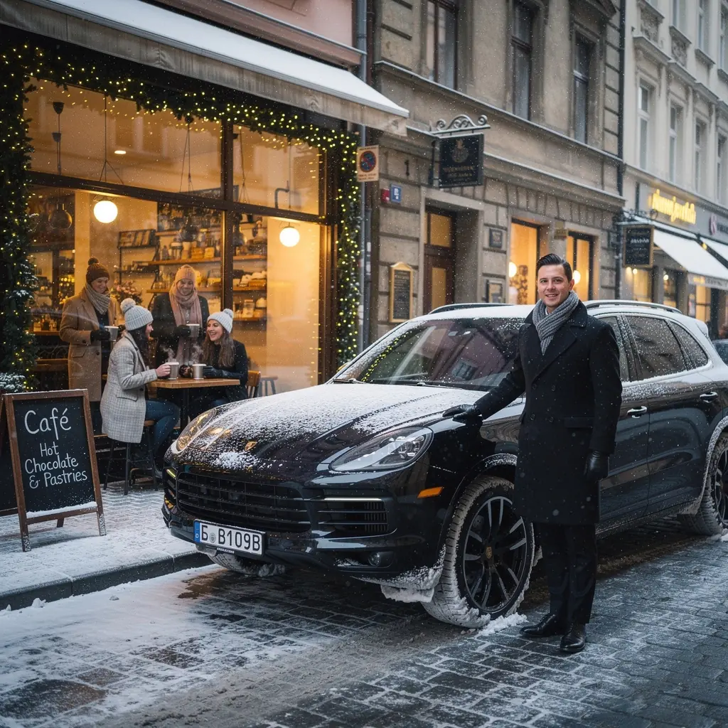 Chauffeur otevírá dveře elegantního vozu pro VIP klienta.