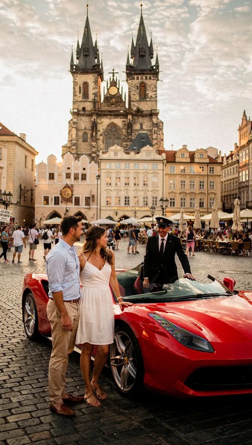 Noční scéna s luxusním vozem osvětleným městskými světly.